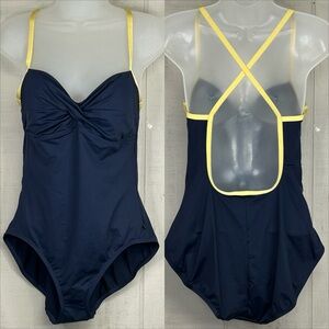 Nautica One Piece Swimsuit Size 12 Large Rusched‎ Strappy Nautical Navy Gold